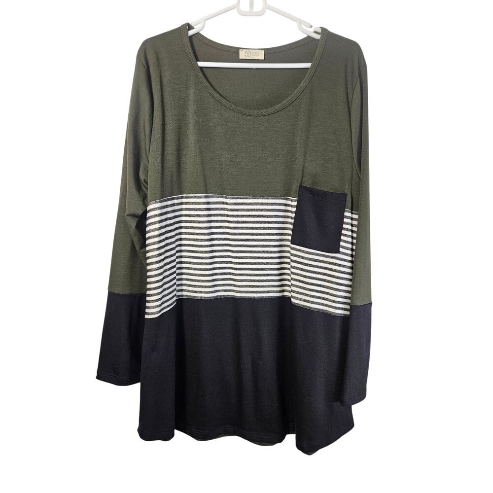 Be Stage Womens Long Sleeve‎ TShirt Green Black White Color Block Stripes 3x USA